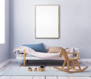 çocuk odası bir çerçevede posterdeki alay. 3D çizim. 3D render