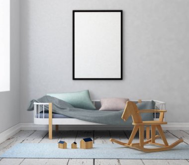 çocuk odası bir çerçevede posterdeki alay. 3D çizim. 3D render