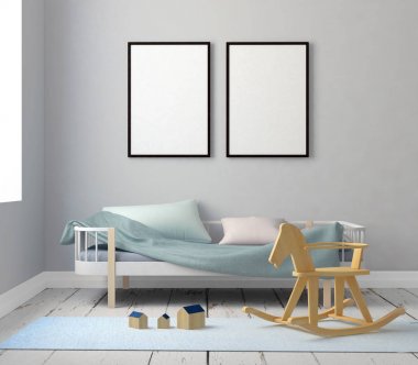 çocuk odası bir çerçevede posterdeki alay. 3D çizim. 3D render