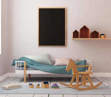 çocuk odası bir çerçevede posterdeki alay. 3D çizim. 3D render
