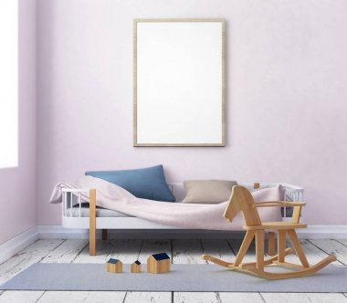 çocuk odası bir çerçevede posterdeki alay. 3D çizim. 3D render