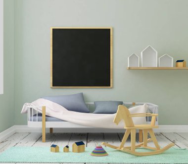 çocuk odası bir çerçevede posterdeki alay. 3D çizim. 3D render