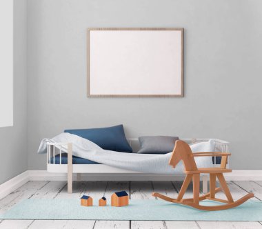 çocuk odası bir çerçevede posterdeki alay. 3D çizim. 3D render