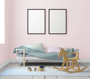 çocuk odası bir çerçevede posterdeki alay. 3D çizim. 3D render