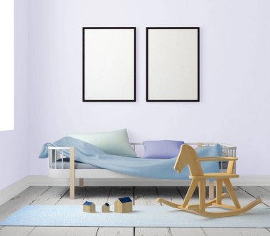 çocuk odası bir çerçevede posterdeki alay. 3D çizim. 3D render