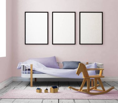 çocuk odası bir çerçevede posterdeki alay. 3D çizim. 3D render