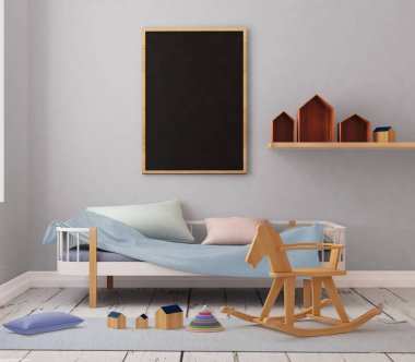 çocuk odası bir çerçevede posterdeki alay. 3D çizim. 3D render