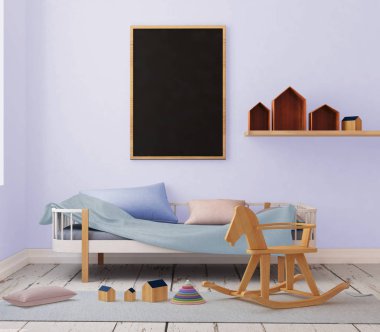 çocuk odası bir çerçevede posterdeki alay. 3D çizim. 3D render