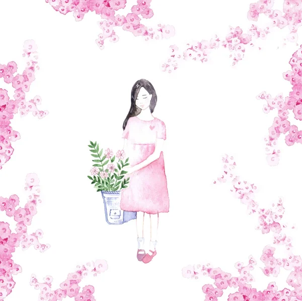 Söt Flicka Med Blommor Korg Akvarell Illustration — Stockfoto