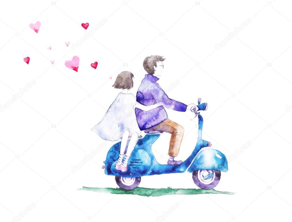 Lovers boy and a girl on a scooter. Love cards.