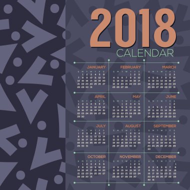 2018 yazdırılabilir takvim başlar Pazar grafik vektör çizim