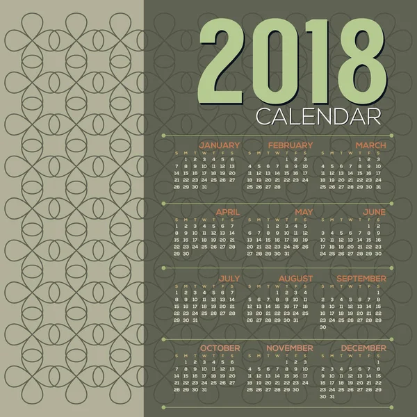 Календарь для печати начинается в воскресенье Зеленый Винтажный графический вектор иллюстрация 2018 — стоковый вектор