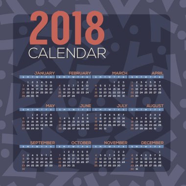 2018 yazdırılabilir takvim başlar Pazar koyu mavi örnek vektör çizim