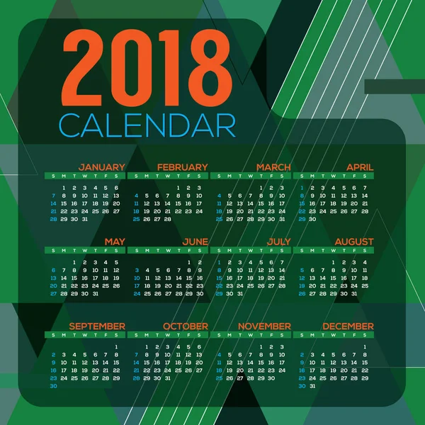 2018 印刷可能なカレンダー開始日曜日ベクトル イラスト — ストックベクタ