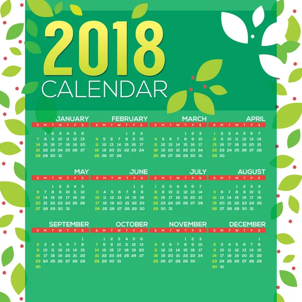 2018 Календар друку починається неділя Векторні ілюстрації — стоковий вектор