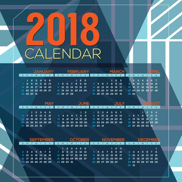 2018 afdrukbare kalender begint Vector zondag illustratie — Stockvector