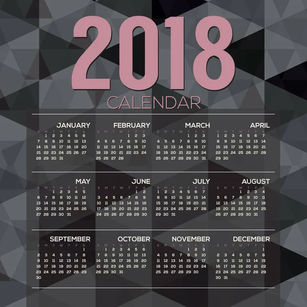 2018 afdrukbare kalender begint Vector zondag illustratie — Stockvector