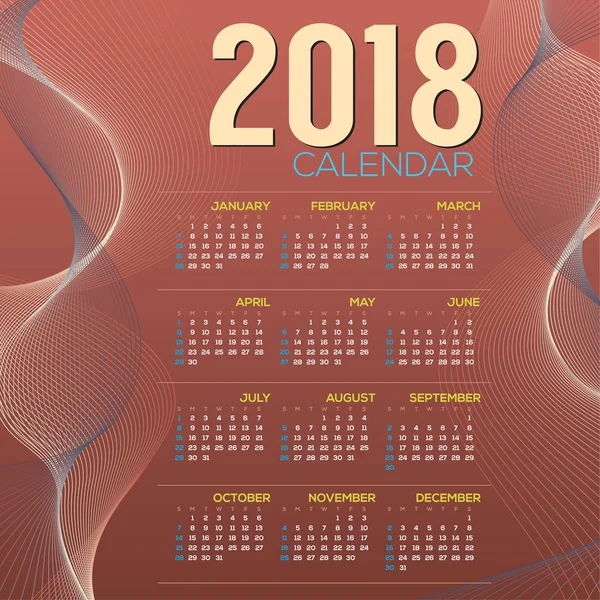El calendario imprimible 2018 comienza la ilustración vectorial dominical — Vector de stock