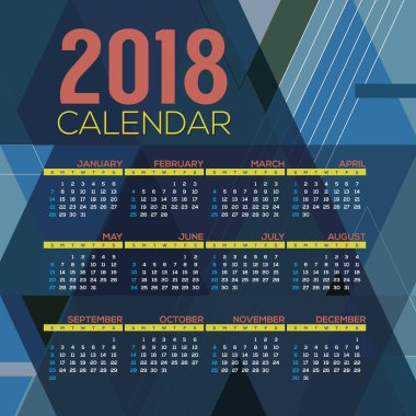 2018 yazdırılabilir takvim başlar Pazar illüstrasyon vektör