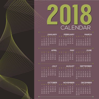 2018 yazdırılabilir takvim başlar Pazar illüstrasyon vektör