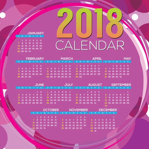 El calendario imprimible 2018 comienza la ilustración vectorial dominical — Archivo Imágenes Vectoriales