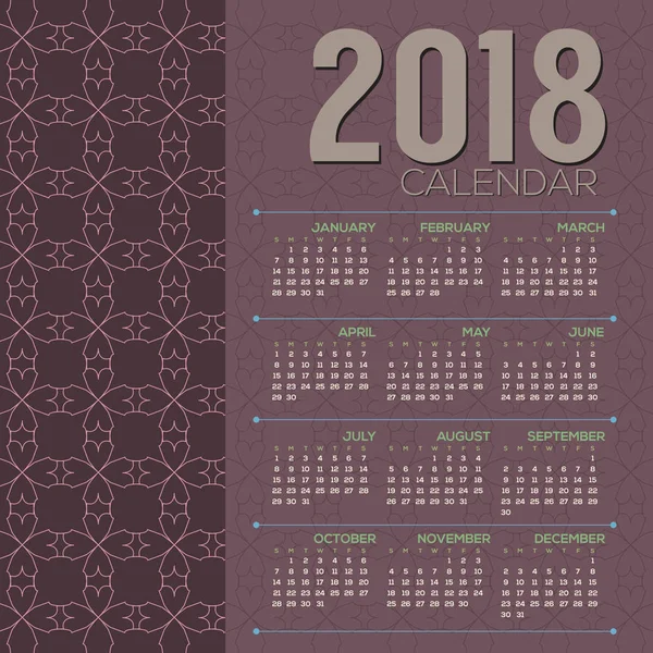 2018 Календар друку починається неділя Векторні ілюстрації — стоковий вектор
