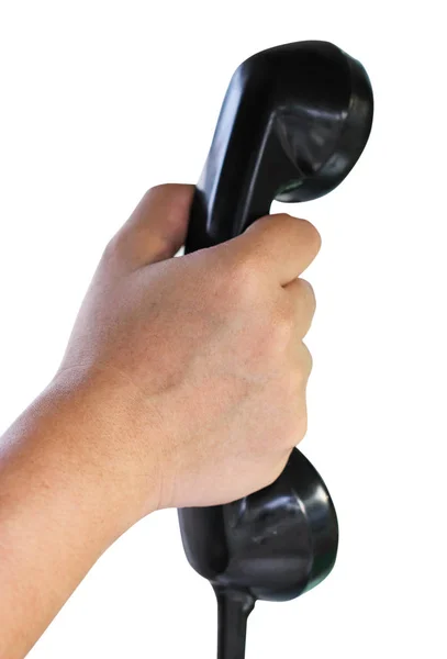 Close Up di mano tenendo telefono su sfondo bianco — Foto Stock