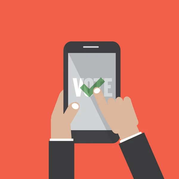 Smartphone avec l'application de vote sur l'écran dans l'illustration vectorielle de main — Image vectorielle