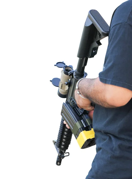 Közeli kép A puska fegyvert a kezében ázsiai ember. — Stock Fotó