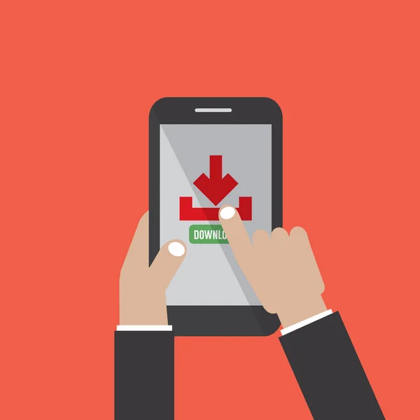 Mão segure Smartphone com arquivo de download botão na tela Vector Ilustração —  Vetores de Stock