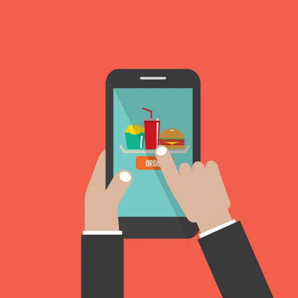 Ruce drží Smartphone s Hamburger, hranolky, Cola na obrazovce vektorové ilustrace — Stockový vektor