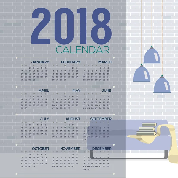 2018 gemütliche Wohnzimmer flache Design druckbaren Kalender beginnt Sonntag Vektor Illustration — Stockvektor