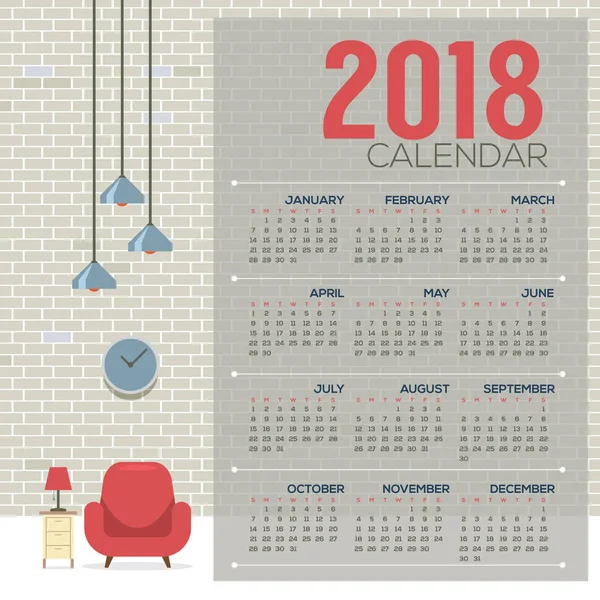 2018 Cozy Living Room Flat Design Printable Calendar Starts Sunday Vector Illustration — Stock Vector