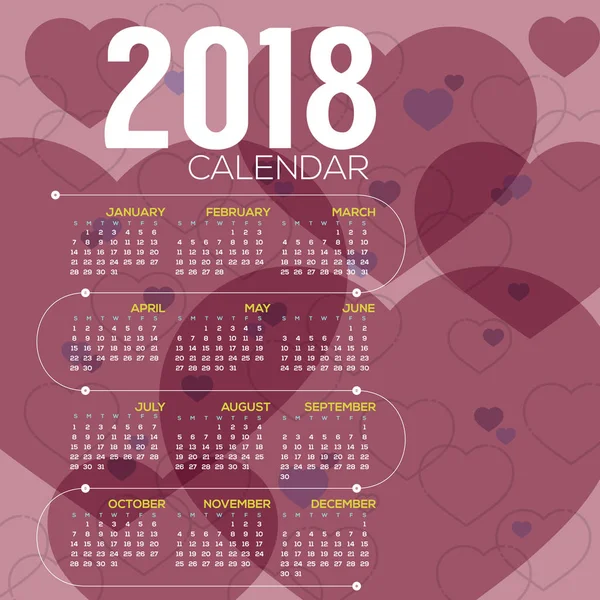 2018 Pink Heart Pattern Calendario stampabile Inizia Domenica Illustrazione vettoriale — Vettoriale Stock