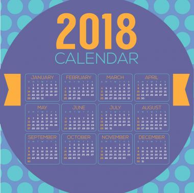 2018 renkli mavi mor daire desen yazdırılabilir takvim başlar Pazar vektör çizim