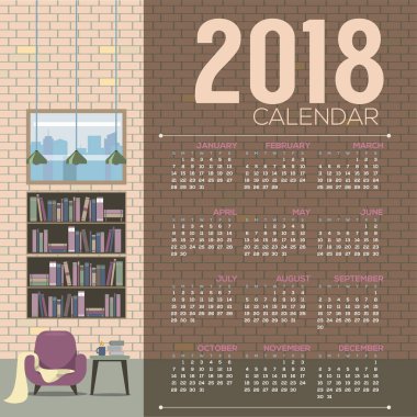 2018 rahat oturma odası düz tasarım yazdırılabilir takvim başlar Pazar illüstrasyon vektör