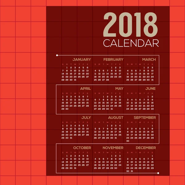 2018 Calendário de impressão de grade moderna vermelha começa a ilustração do vetor de domingo — Vetor de Stock