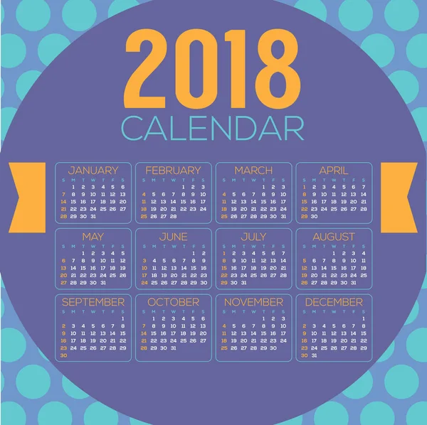 2018 kleurrijke blauw paars cirkel patroon afdrukbare kalender begint zondag vectorillustratie — Stockvector