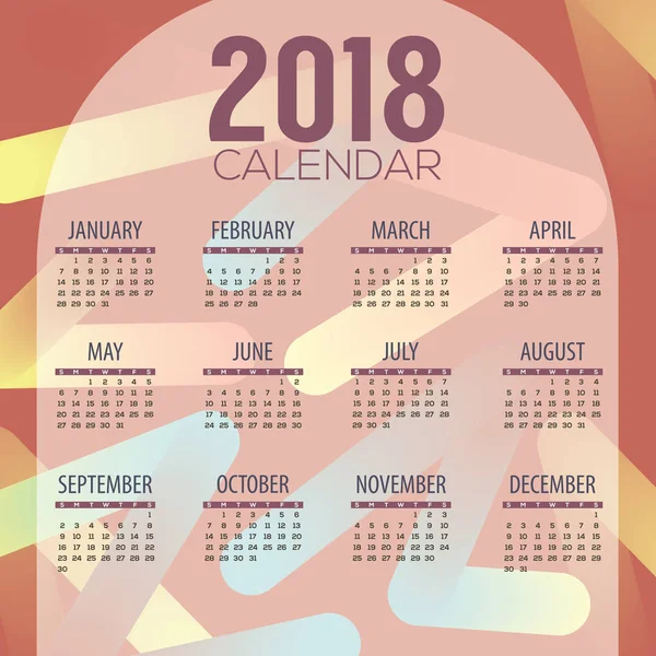 2018 moderner, farbenfroher, druckfähiger Kalender beginnt am Sonntag mit der Vektorillustration — Stockvektor