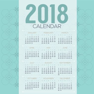 2018 nane geleneği Vintage desen yazdırılabilir takvim başlar Pazar illüstrasyon vektör