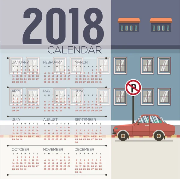 Cityscape Print Calendar Starts Sunday Vector Illustration — стоковый вектор