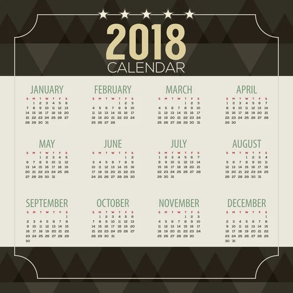 2018 暗い幾何学模様印刷可能なカレンダー開始日曜日ベクトル イラスト — ストックベクタ