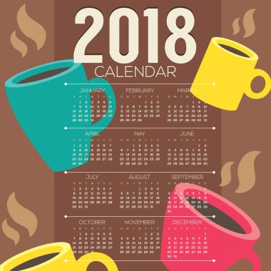 2018 kahve fincanı düz tasarım grafik yazdırılabilir takvim başlar Pazar illüstrasyon vektör