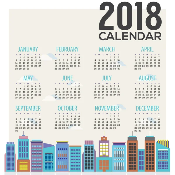 2018 Cityscape Flat Design Graphic Calendrier imprimable Début Dimanche Illustration vectorielle — Image vectorielle