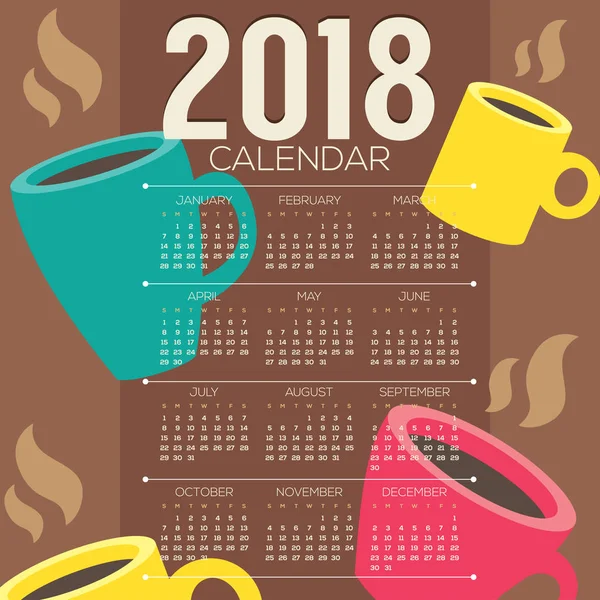 2018 kahve fincanı düz tasarım grafik yazdırılabilir takvim başlar Pazar illüstrasyon vektör