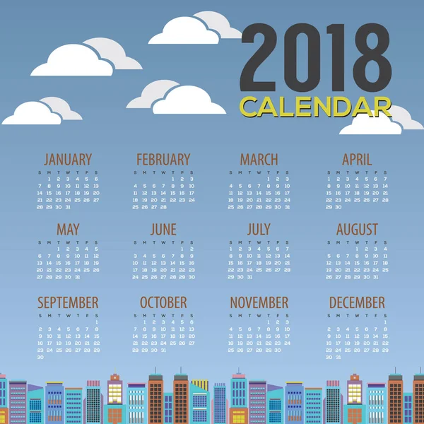 Cityscape In Blue Sky Flat Design Графический календарь начинается с воскресной векторной иллюстрации — стоковый вектор