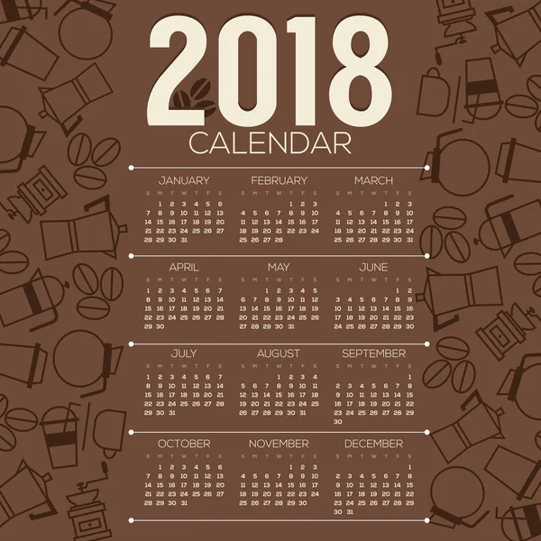 2018 Kaffee Artikel flaches Design Grafik druckbarer Kalender beginnt Sonntag Vektor Illustration — Stockvektor