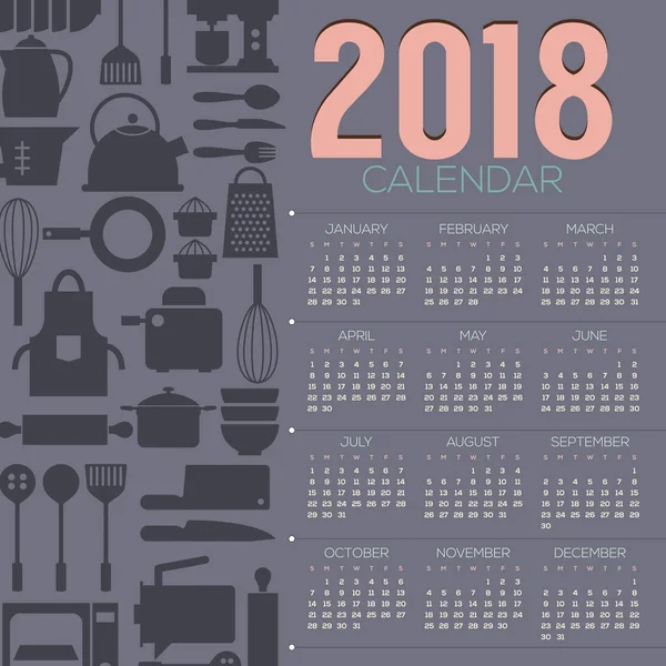 2018 Objetos de cocina Diseño plano Calendario gráfico imprimible Comienza la ilustración vectorial dominical — Archivo Imágenes Vectoriales