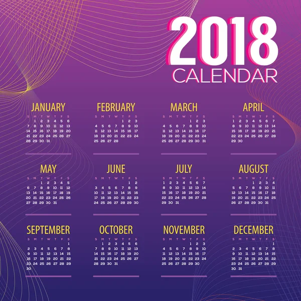 2018 moderner, farbenfroher, druckfähiger Kalender beginnt am Sonntag mit der Vektorillustration — Stockvektor