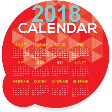 2018 kırmızı geometrik yuvarlak şekil yazdırılabilir takvim başlar Pazar illüstrasyon vektör